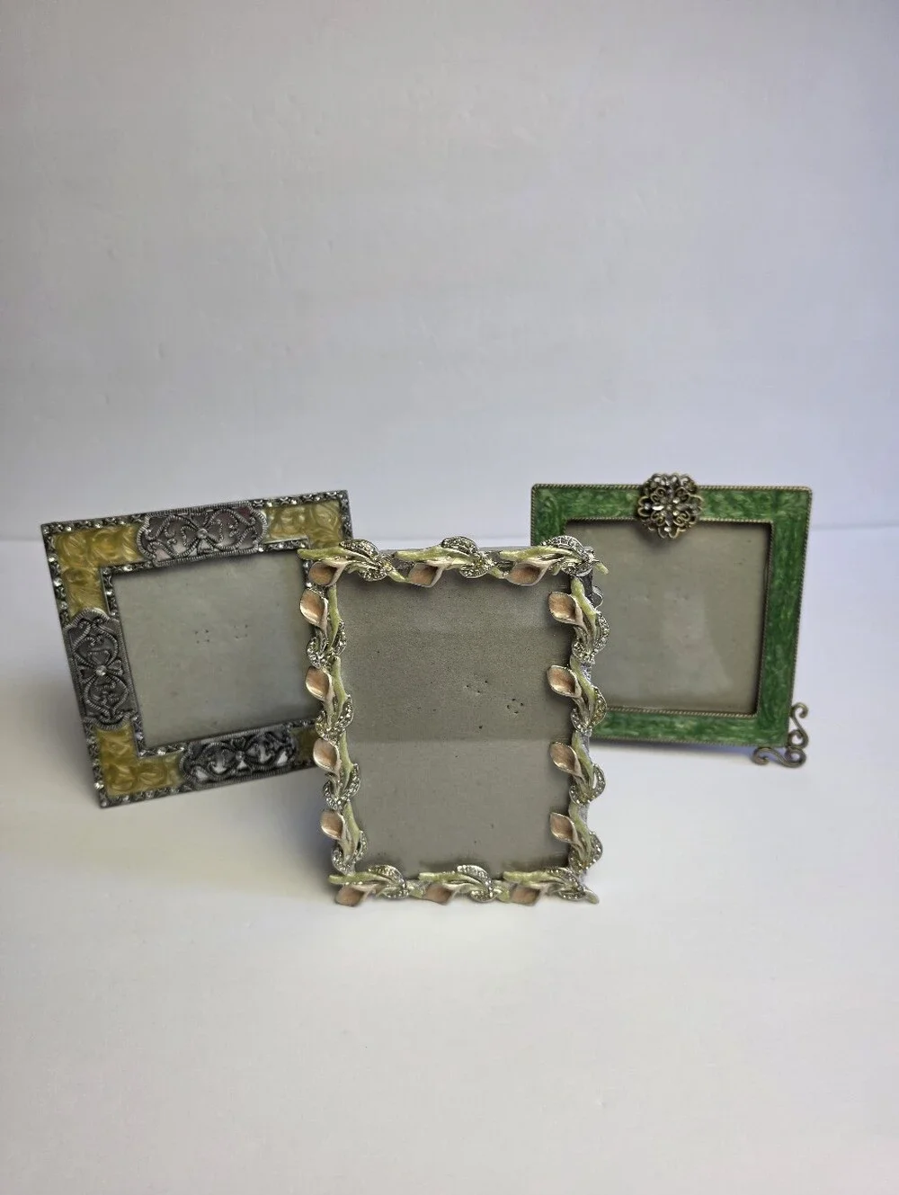Photo Frames Decor Metal Enameled Lot Of 3 Rhinestones ~ (2) 4